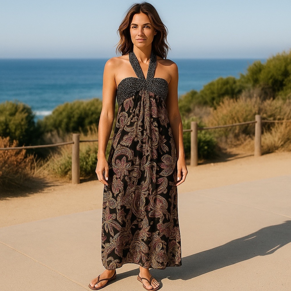 Xhilaration Floral Print Bohemian Halter Multi Color Paisley Maxi Dress